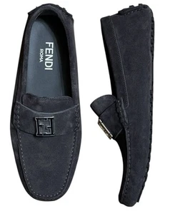 Fendi Sz 7 Loafers Grey Suede Leather Driver Slipper Moccasin Logo Shoes Mens - Imagen 1 de 9