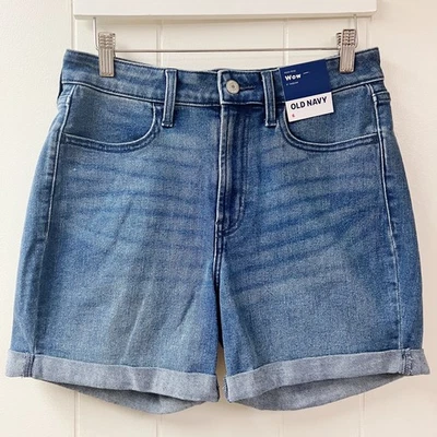 Nuevo con etiquetas Pantalones Cortos Vaqueros Azul Marino Antiguo Tiro Alto WOW Puños Talla 6 Boho Preppy Western Elastizados Foto 1 de 4