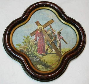 Very interesting old oil on wood cross shape Christ Carrying Cross F. Riderd ? - Picture 1 of 1