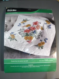 Bucilla Stamped Cross Stitch Lap Quilt Kit 45"X45" Flowers From The Garden Plaid - Picture 1 of 5