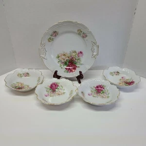 Vintage Porzellan Dessert Set mit gewelltem Rand und Henkel Platte & Schalen Rosen Bayern - Bild 1 von 4