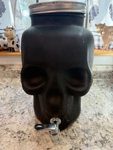 SKULL Halloween Beverage Dispenser Pitcher Black Glass 1 Gallon Spooky Spout - Picture 1 of 6