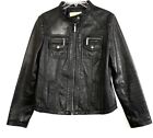 Michael Kors Leather Jacket Womens Full Zip Moto Band Collar Black LARGE $200