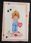 VALENTINES Cute Boy in Overalls Making Card 4.5x6.5" Greeting Card Art #V3552