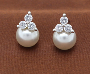 Three Stone Cubic Zirconia Pearl Stud Designer Earrings For Women