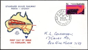 Estampilla Australia 1970 calibre estándar enlace ferroviario 5c dirigida por Excelsior FDC, GC - Imagen 1 de 1