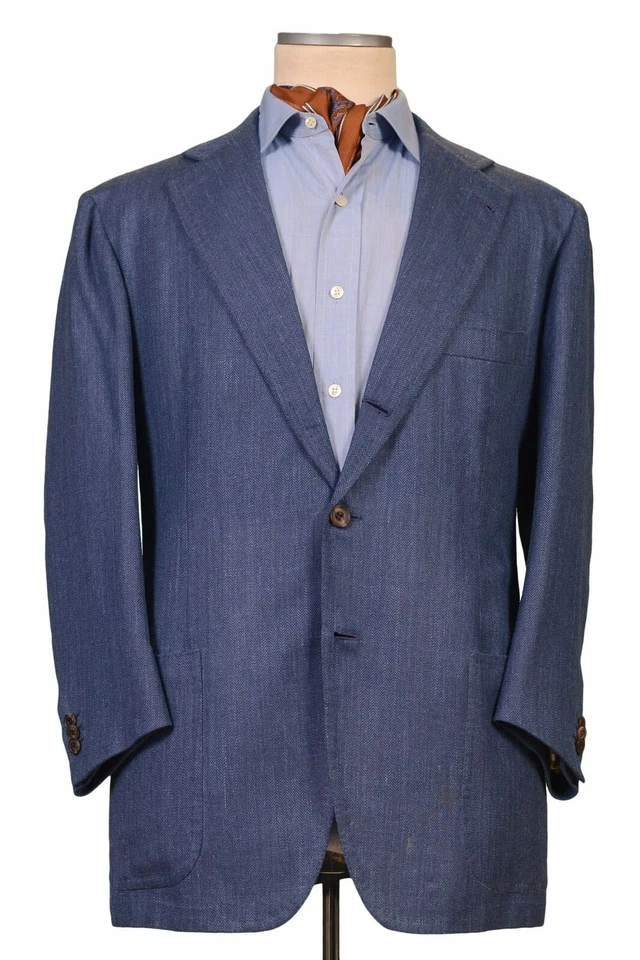 Chaqueta de lino de lana azul espiga hecha a mano RUBINACCI LH 56 NUEVA 46 corta Foto 1 de 4