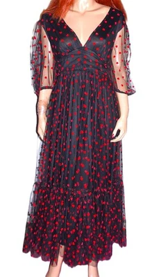 Maxi Vestido Vintage Corazones Rojos Negro Encaje Transparente XL Foto 1 de 4