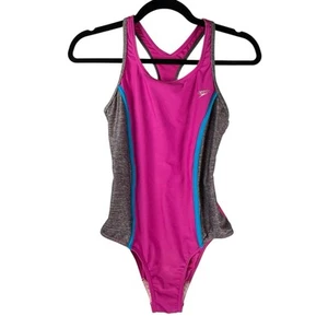 SPEEDO Girls SIZE 14 Fuchsia Pink Gray 1Piece Racerback Sporty Swimsuit Silicone - Picture 1 of 12