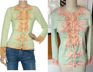 Zac Posen Cardigan Floreale Seta Lana Uncinetto Perla Tg S Maglione Verde - Foto 1 di 8