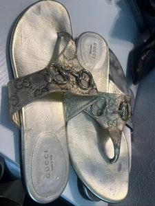 Gucci Sandal 10 Thong Slide Gold Horsebit Metallic All Over GG Guccicima Leather - Picture 1 of 24