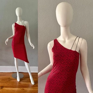 Vintage 90s Red Asymmetrical Heart Y2K Body Con Dress XS - Picture 1 of 14