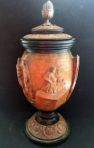 Antique Chalice Wooden Carved History Historied Scene Silver Handle - Picture 1 of 12