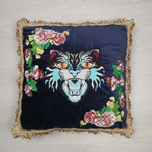 SADE NEW YORK Pillow 18"x18" Navy Blue Velvet Tiger Cat Floral Embroidered - Imagen 1 de 12