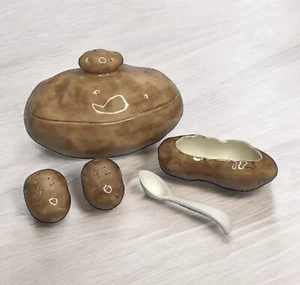 Vintage Potato Lidded Serving Bowl Condiment Dish & Spoon Salt Pepper Shakers - Picture 1 of 13