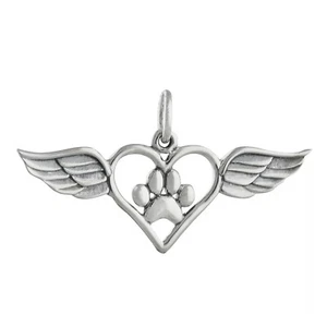 Paw Print in Heart with Angel Wings Memorial Dog Cat 925 Sterling Silver Charm - Picture 1 of 5