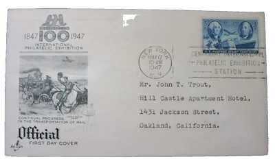 USA SCOTT  #947 FDC Inter Philatelic Exhb 100 years 3 cents 1947 ArtCraft Cachet - Image 1 of 2