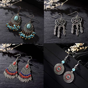 Mujeres Pendientes Redondos Turquesa Joyería Gancho Gota Colgante Hoja Pluma Gancho Pendiente - Imagen 1 de 34