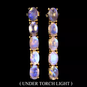 Estate 925 Argento Ovale Pietra di Luna 6x4mm 14K Placcato Oro Orecchini - Foto 1 di 10