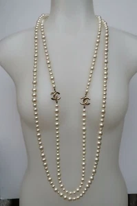 Chanel Gold Tone-pearl Double Strand Cc Logo Long Necklace  - Picture 1 of 11