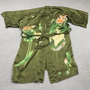 Accappatoio kimono KIM+ONO donna taglia unica seta verde oliva dipinto a mano gru corto - Foto 1 di 10