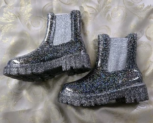 NEW Glitter Chelsea Ankle Rain Boots Silver Elastic  Women's Size 5 1/2  - Picture 1 of 8