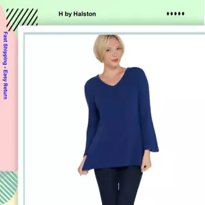 H by Halston Ribbed V-Neck Bell Sleeve Pullover Sweater, Broadway Blue, L - Picture 1 of 5