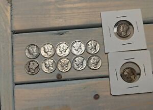 LOT of 12 MERCURY DIMES 90% SILVER---MIXED DATES AND CONDITIONS