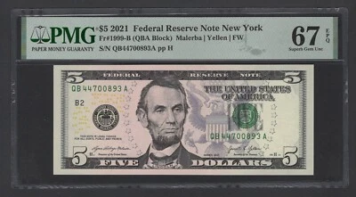 United States-Federal Reserve 5 Dollars 2021 Fr#1998-B (QBA Block) UNC Grade 67 - Image 1 of 2