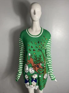 NWT Dubgee By Whoopi Womens Striped High Flying Reindeer Sleep Shirt, Green Sz M - Picture 1 of 5