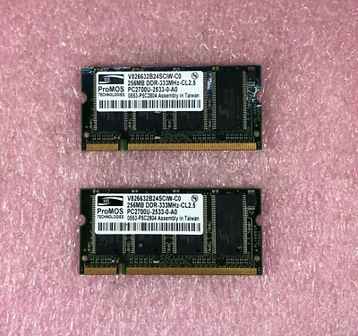 2 X 256MB PROMOS DDR-333 PC2700  NON-ECC SODIMM MEMORY RAM - V826632B24SCIW-C0 - Image 1 of 2