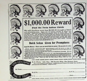 1928 $1,000 Reward Find Twin Indian Chiefs Win Buick Sedan Vintage 20s Print Ad - Picture 1 of 2