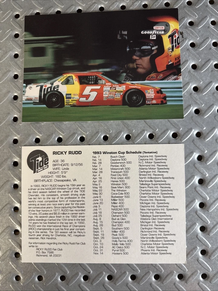"Tarjeta de héroe NASCAR 1993 Ricky Rudd #5 Tide vintage 5"" x 7""" Foto 1 de 1