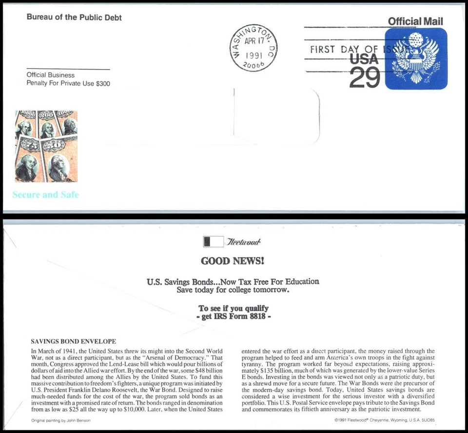 1991 Official Mail 29c stationery entire Sc UO85 Fleetwood FDC eagle & shield - Image 1 of 1