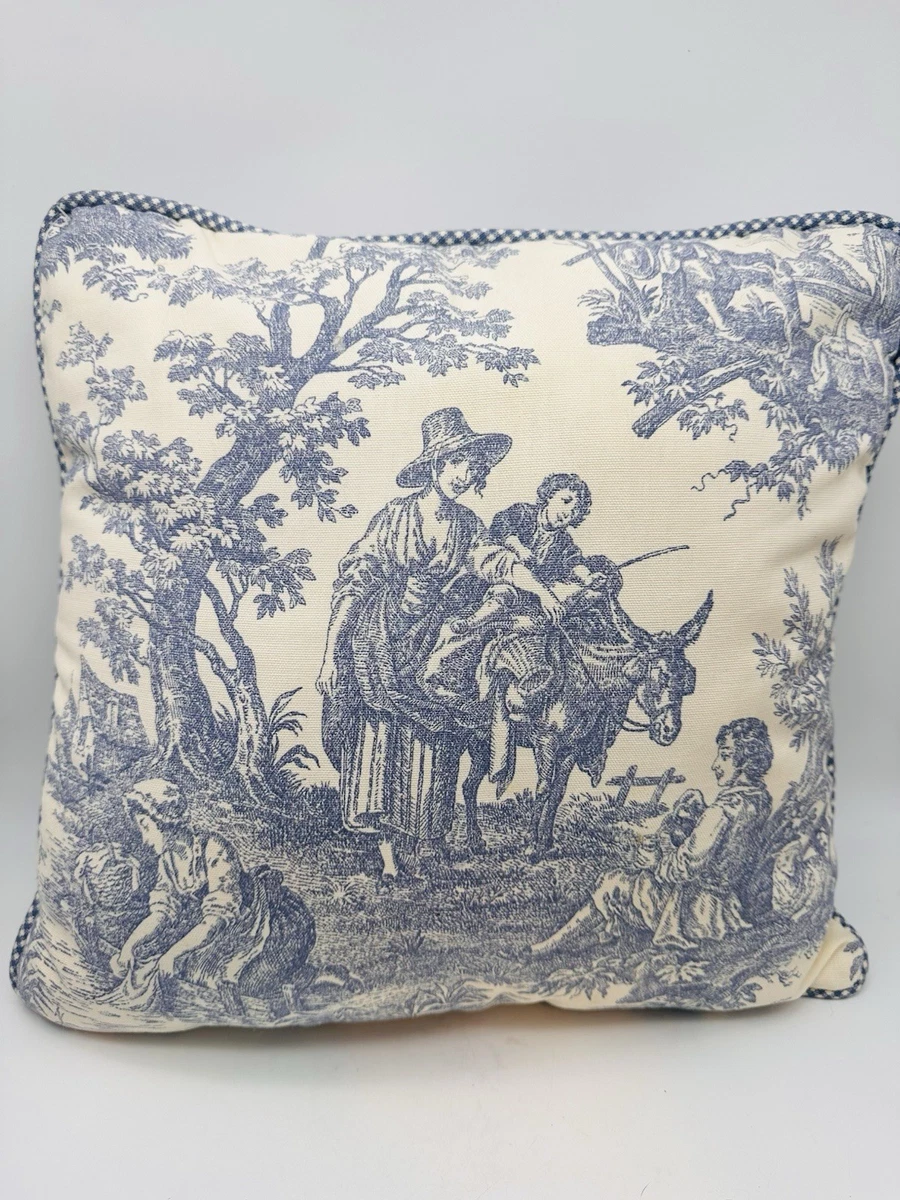 Blue Cream Shabby Chic Toile Throw Pillow Cover 18x18 Inch - Farmhouse French Country Decor