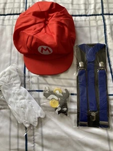 Super Mario Bros Costume Cosplay Hat,Suspenders Gloves ,Mustache ButtonsOne Size - Picture 1 of 6