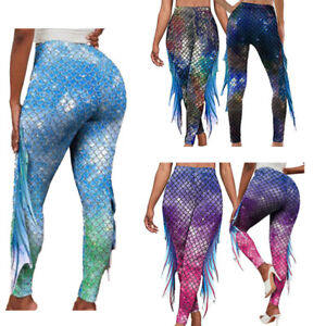 Womens Halloween Mermaid Cosplay Trouser Fish Scale Yoga Leggings Pencil Pants