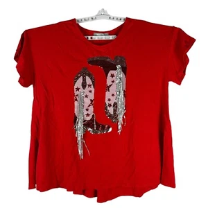 Blue B Collection Red Sequin Cowboy Boots Graphic Tee Shirt Size S Womens - Picture 1 of 7