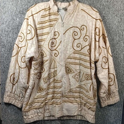 OFF WHITE The Icing Giacca con Perline di Seta Bomber Vintage Abbellito Crema Oro Donna Med