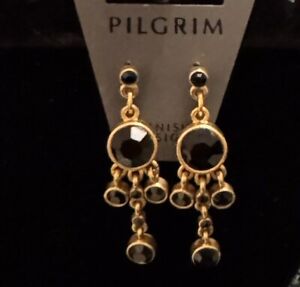 Pilgrim Gold Tone Black Crystal Earrings For Pierced Ears