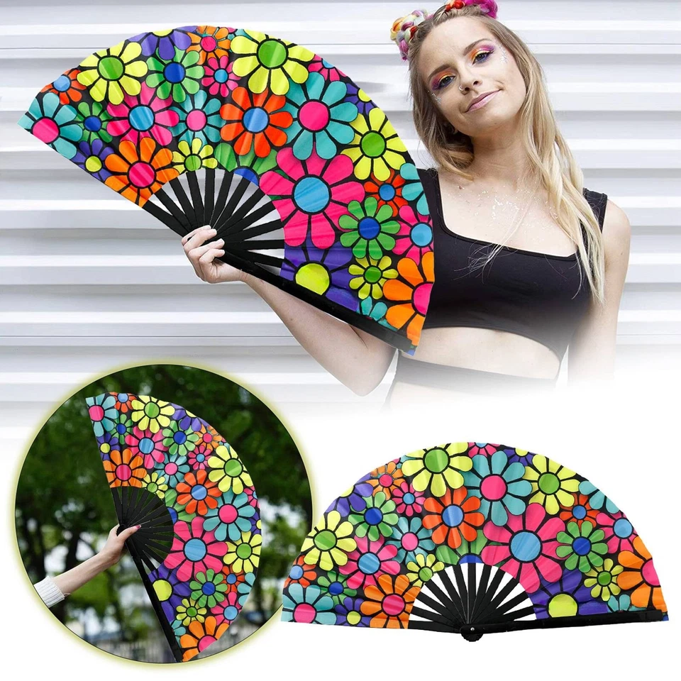 Botas en el suelo abanico de mano hueso negro fluorescente dibujos animados flor serie abanico Foto 1 de 4