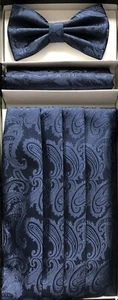 New Men's NAVY BLUE Cummerbund & Butterfly Style Bowtie & Pocket Square Hanky - Picture 1 of 1