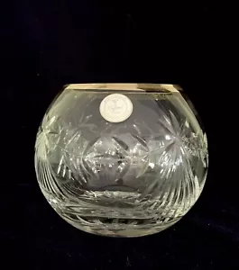 Vintage Crystal Clear Romania Rose Bowl Vase Gold Trim - Picture 1 of 6