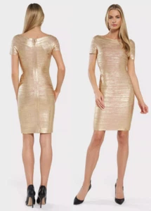 HERVE LEGER CARMEN OFF-THE-SHOULDER GOLD-FOIL BANDAGE DRESS 36" LONG sz L $1290 - Picture 1 of 12