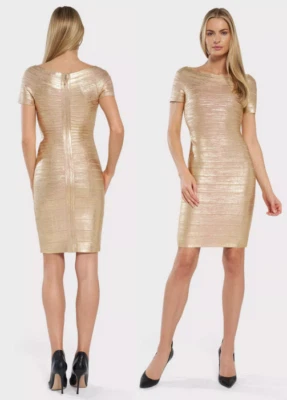 HERVE LEGER CARMEN OFF-THE-SHOULDER GOLD-FOIL BANDAGE DRESS 36" LONG sz L $1290  - Image 1 of 4