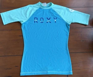 Roxy Short Sleeve Rash Guard Top Blue Teal White Outdoor Surf Surfing Sz 8 - Picture 1 of 11