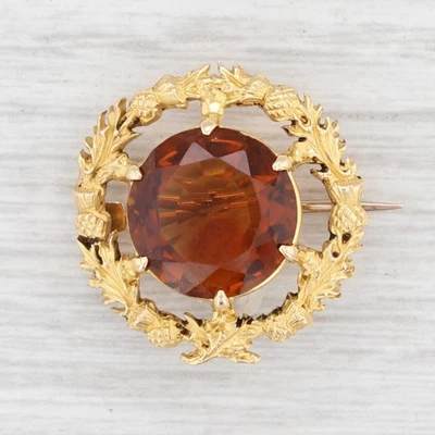 Antiguo broche de piedras preciosas anaranjadas de oro amarillo de 15 k con prendedor de corona de citrino de 5,50 quilates Foto 1 de 4