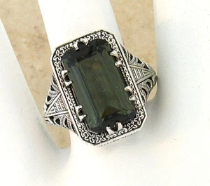 DECO ANTIQUE STYLE 925 STERLING SILVER 7 CT GREEN SIM TOURMALINE RING       536Z - Picture 1 of 4