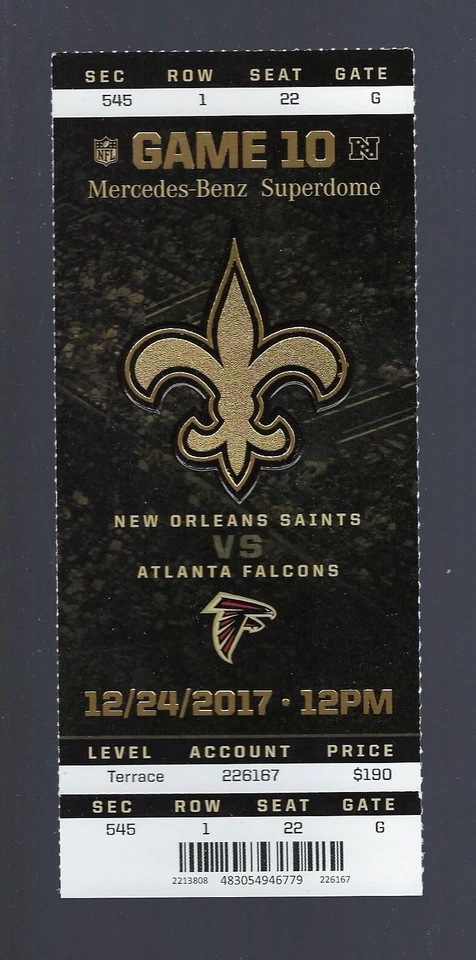 Boleto completo Drew Brees 2017 70,000 yardas Falcons @ New Orleans Saints NFL Foto 1 de 1