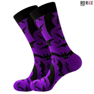 Ro Rox Purple Bat Crew Socks Gothic Halloween Unisex Cotton Green Eye Gift